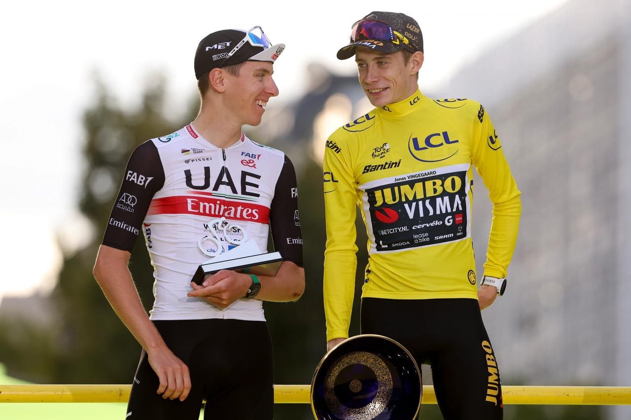 Tadej Pogačar (left) finished second behind Jonas Vingegaard (right) at last year's Tour de France